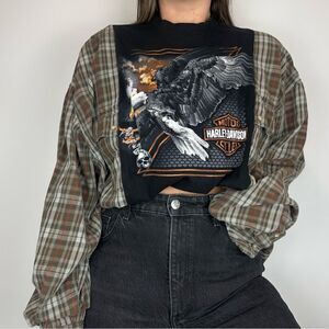 Reworked Upcycled Harley-Davidson Black Long Sleeve Brown Country Flannel Shirt
